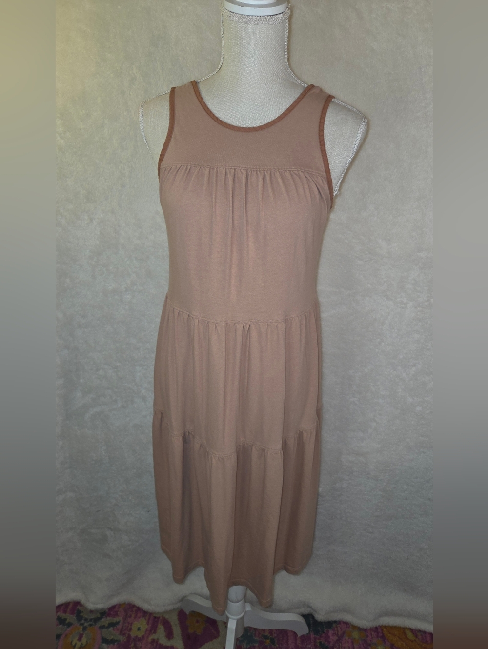 Everlane The Weekend Tiered Midi Dress Sz XS Oak Pink Tan Cotton Boho Sundress